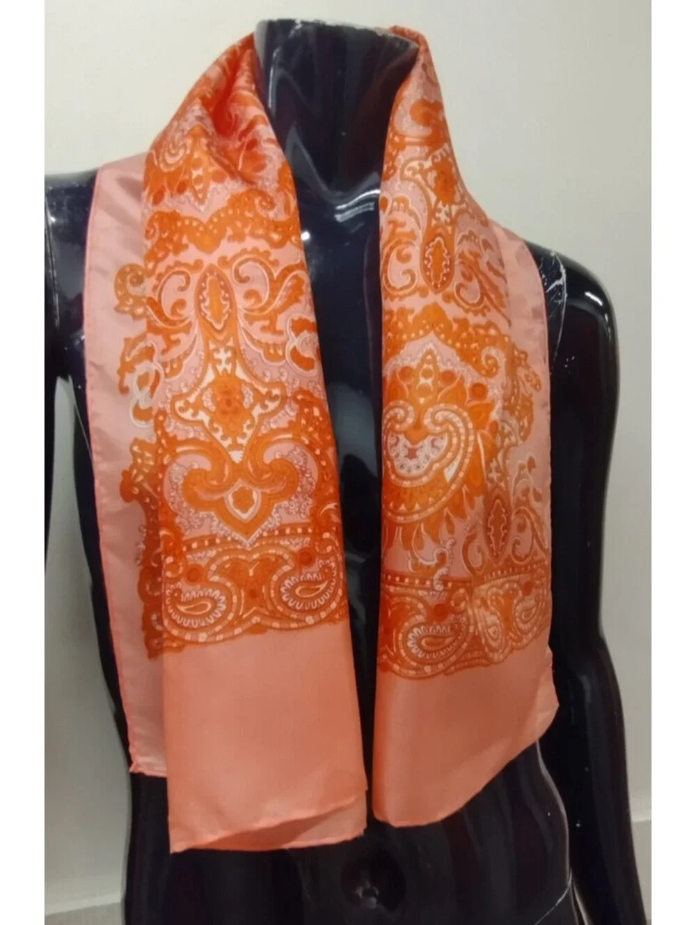 Vintage 60s 70s Boho Orange Paisley Silk Scarf Oblong Wide Hippie Bohemian Style